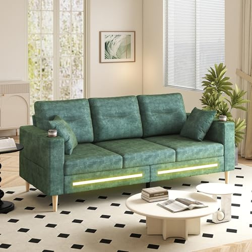 Gryalzes 3 Seater Sofas for Living Room Furniture,Chenille Fabric Settee with LED Light,Modern Deep Seat With 2 Cup Holders and 2 Pillows,Bilateral Pocket Storage,Wood Legs,Cloud Couch bedroom(Green)