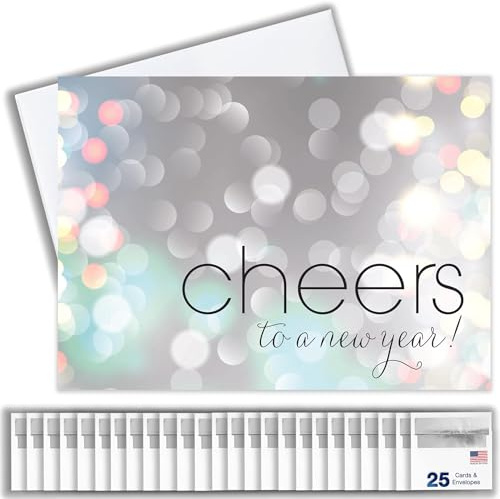 New Years Cards for Business & Family (Bubbly Cheers) Bulk Greeting Card Set Pack of 25 Happy New Year Cards with Envelopes for 2026 (5x7 inch - A7) Great for Office, Work, Employees & Clients N1501