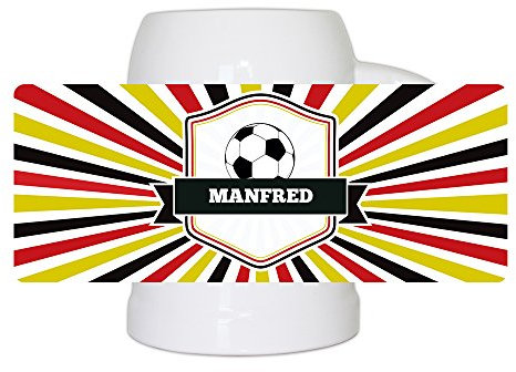 Fußball-Bierkrug mit Namen Manfred und schönem Motiv mit Wappen, Ball und Strahlen in schwarz-rot-gold - Fan-Bierkrug personalisiert - Deutschland-Krug - Bierhumpen
