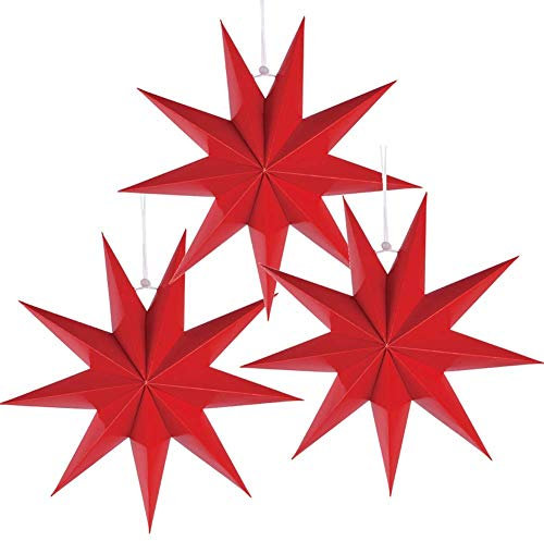 EASY JOY 9 Pointed Star 3D Paper Red Hanging Christmas Decorations Wedding Birthday Baby Shower Room Christmas Ornaments Party Supplies, 3 Pcs