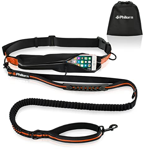 PHILORN Laisse Chien Mains-Libres (47 - 67) avec Coutures Réfléchissantes, Pochette de Taille Ajustable(24 - 47) et Doubles Bungees de Poignée pour la Course/Vélo/Marche, 150lbs Gros Chien