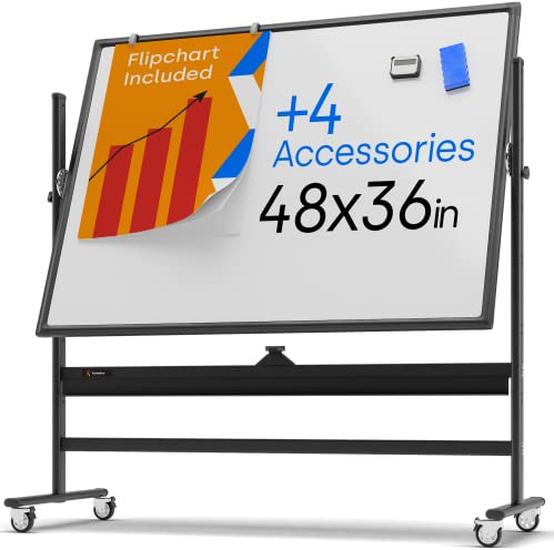 Rollendes magnetisches Whiteboard 120 x 90 cm - großes tragbares Whiteboard mit Ständer - doppelseitiges Whiteboard mit Rädern - mobiles Whiteboard für Büro, Klassenzimmer und Zuhause
