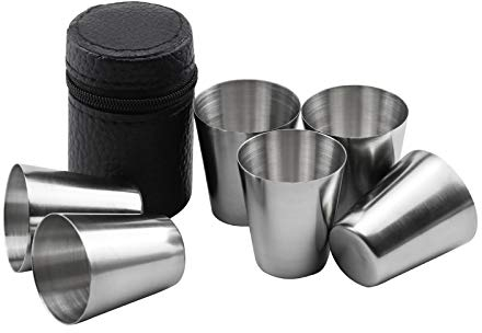 Wandefol 6 Pcs Shooter de 30ml en Acier Inoxyadable, Gobelet à Shoot, Verre à Shoot, Verre à Schnaps avec Étui en Cuir