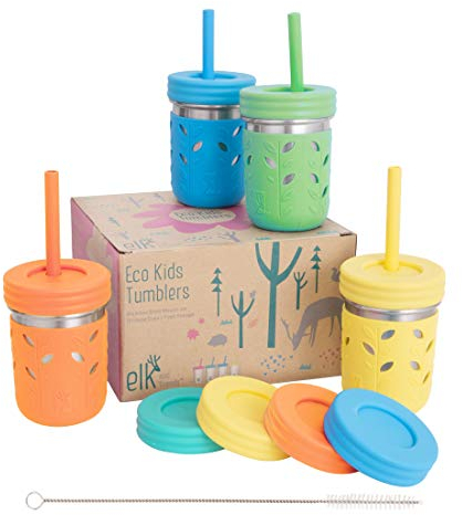 Elk and Friends 10oz Stainless Steel Kids + Toddler Drinking Cups | The Original Mason Jars with Lids + Sleeves + Straws | Smoothie Cups | Spill Resistant | Dishwasher Safe | 4 Pack