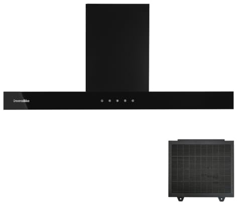 UNIVERSALBLUE Campana Extractora En Forma de T 90 cm Cristal Negro y Acero Inoxidable | Extractor de Aire y Humo para Cocina con Filtros de Aluminio Incluidos | 3 Velocidades | Envío y Subida Gratis