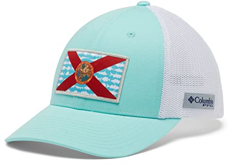 Columbia Unisex PFG Mesh Fish Flag Ball Cap, Gulf Stream/White/FL Fish Flag, Small/Medium