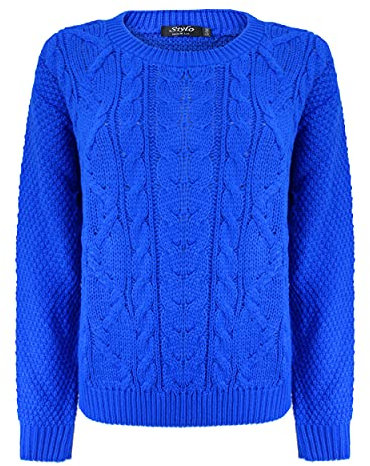 Generation Fashion New Ladies Cable Knit Crew Round Neck Long Sleeve Women Knitted Jumper Sweater [Royal Blue,SM]