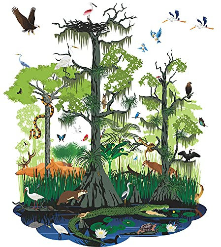 Amaonm Kreative 3D-Wandaufkleber, Motiv: Wildwald, Tiere, Krokodil, Vogel, Teich, Schlange, Lotus, Hirsch, Gras, zum Abziehen und Aufkleben, Kunst-Dekor, Wandaufkleber für Kinderzimmer, Babyzimmer,