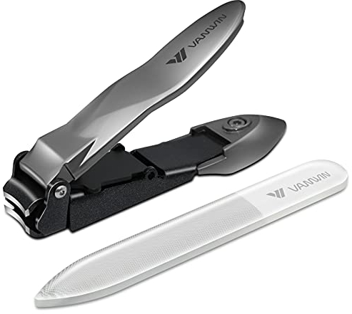 VANWIN Nagelknipser mit Auffangbehälter, Spritzfreier Fingernagel Knipser Zehennagelknipser mit Ergonomischem Hebel, Edelstahl Nagelschneider mit Glasnagelfeile für Männer Frauen Erwachsene
