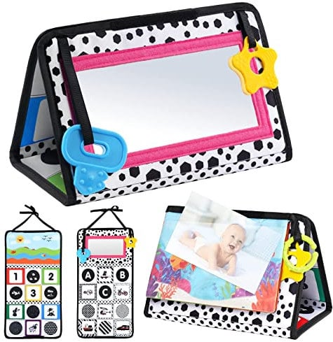 Vicloon Tummy Time Mirror for Baby, Baby Mirror Floor with Teether Soft Cloth Book Black and White Sensory Toys, Babys Mirror Black and White Sensory Toys Tummy Time Activity Mirrors