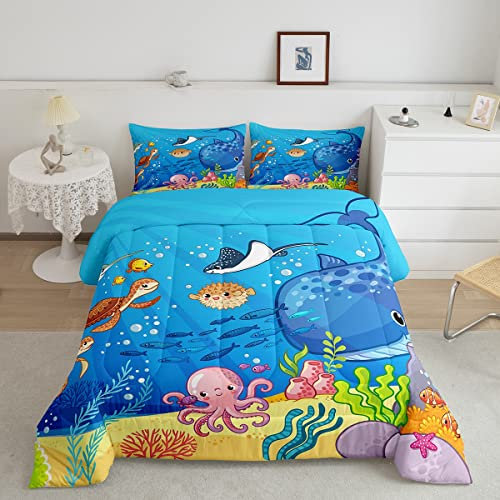 Marine Animals BettwäscheSet Queen, Shark Octopus Turtle Coral BettwäscheSet, Unterwasserwelt Cartoon BettwäscheSet 3teilig für Kinder Teens Erwachsene Zimmer Dekor, meerblau Bettbezug Einsatz