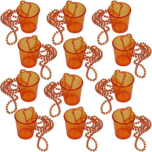 Ailovone 12 Stück Bachelorette Halskette Schnapsgläser mit Kette zum Umhängen Braut Kunststoff Perlen Braut Schnapsglas Mädelsabend Accessoires für Junggesellenabschiede Brautparty Dekoration (orange)