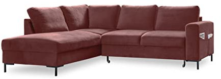 MIUFORM Lofty Lilly mit Bettfunktion| 6 Sitzer Ecksofa | L-form links | 237 x 197 x 84cm | Klappsofa mit Schlaffunktion | Schlafsofa klappbar (Velour Koralle)