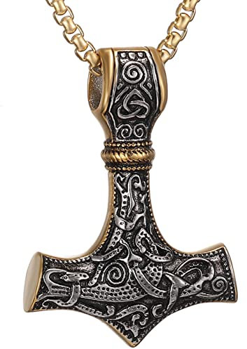 AFSTALR Wikinger Schmuck Herren Halskette Thors Hammer Halskette - Nordische Mythologie Mjolnir Wikinger Runen Hammer Edelstahl kette Viking Geschenke für Männer 60cm Gold