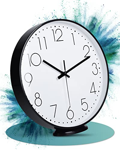 LATENO - Wanduhr Schwarz - ohne Tickgeräusche - 30 cm große Uhr zum Aufhängen & Hinstellen - Geräuschlose Wanduhren als Wohnzimmeruhr Bürouhr Klassenzimmeruhr Küchenuhr u.v.m - Analoguhr