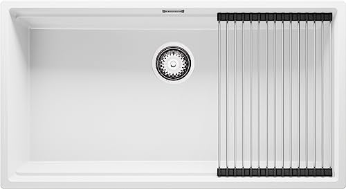 Fregadero bajo Encimera Blanco 86x47cm, 1 Seno + Sifón + Enrollable Escurridor, Granito al mueble 90cm - Prague de Primagran