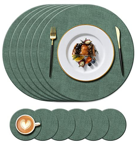 KERYCHIN Tovagliette rotonde in pelle e sottobicchieri lavabili, resistenti al calore 100°C, antiscivolo e impermeabili, accessori decorativi per ristorante, cucina, hotel, esterni, 12 pezzi, (verde)