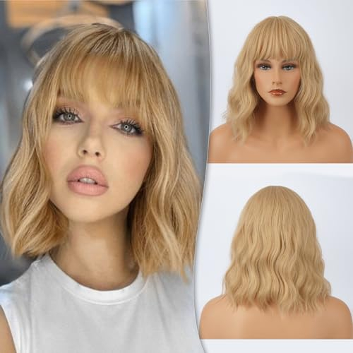 BARSDAR Kurze Bob Perücken mit Pony, 35cm Frauen Kurze Blond Perücken mit Pony Lockige Gewellte Synthetische Schulter Länge Perücken Frei Perücken Natürliche Mädchen Party (Blond Gemischt)
