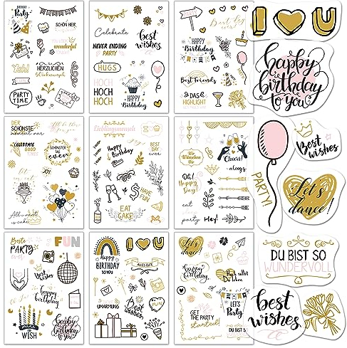 Biroyal Sticker Geburtstag (135+ Motive) | Aufkleber für Gästebuch Geburtstag, Fotoalbum, Geburtstagskarten & Geschenke | Geburtstag Deko voller Liebe für Erwachsene & Kinder | 9 Bögen