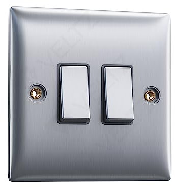 Double Light Switch Brushed Steel | VELTZ Pro | 2 Gang 2 Way 10 Amp | Slim Curved Round Edge Design | Wall Electrical Power Switched