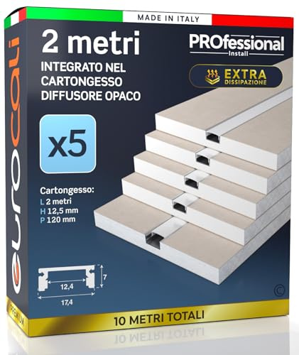 Eurocali Profilo Alluminio per Strisce LED Integrato nel Cartongesso - spessore 12,5mm - Facile da Montare con Gomma di Protezione per Stuccatura - Pacco da 5 pezzi 2mt x 12cm
