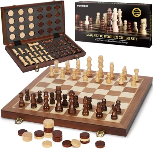 2 in 1 Magnetic Wooden Chess and Checkers Board Game Set, 15 Folding Chess Boards with 2 Extra Queens, Portable Travel Chess Sets with Pieces Storage Slots, Beginner Chess Game Set for Kids, Adults