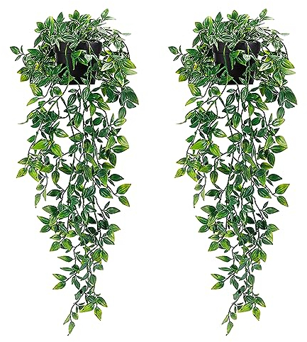 Pianta Artificiale Sospesa da Appendere, 2 Pezzi Pianta Finta Cadente con Vaso, Plastica Piante Finte Rampicanti Artificiali per Interno Esterno, Soggiorno, Cucina, Giardini
