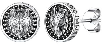 Silvora Viking Rüne Zeichen Ohrstecker 925 Silber Punk Herren Wolfkopf Zirkon Ohrringe Hip Hop Viking Rüne Zeichen Ohrschmuck für Männer Junge