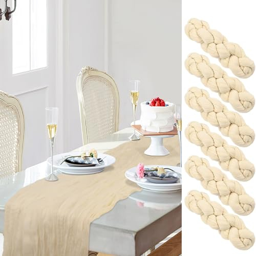 Aolawco 6 Stück Tischläufer Beige, 90 x 300 cm Boho Musselin Tischläufer, Käsetuch Halbtransparenter Tischläufer für Hochzeitsdeko, Tischdekoration, Geburtstagsparty