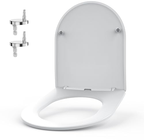 WHYFONE Lunette de Toilette Forme D, Cuvette Toilette avec Frein de Chute et Charnière Réglable, Lunette WC avec Fermeture en Douceur, Urée Formaldéhyde Abattant WC, Blanc (435x362mm)