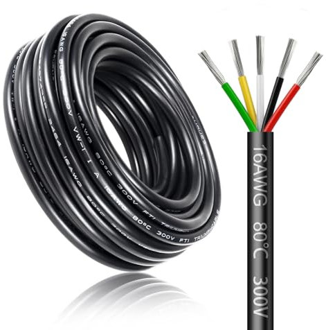 5 Meter 16AWG 5x1,5mm² Elektrischer Kabel, 5 Adriges Kabel 5V/12V/24V/300V Stromkabel Verzinntes Kupferkabel, Flexibel und Weich Niedrige Impedanz Hohe Temperaturbeständigkeit Verlängerungskabel