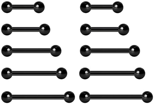 NewkeepsR Stahl 5 Paar 2,5mm Chirurgenstahl Außengewinde schwarz plattiert Zungenring Nippel Langhantel Bar Body Piercing 8mm 10mm 12mm 14mm 16mm