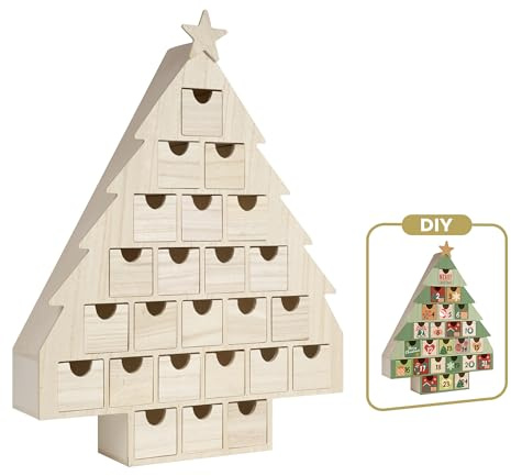 Sunlit Calendario dell'avvento natalizio in legno con cassetti, in legno grezzo, a forma di albero di Natale, calendario per conto alla rovescia pronto da decorare e personalizzare, scatola