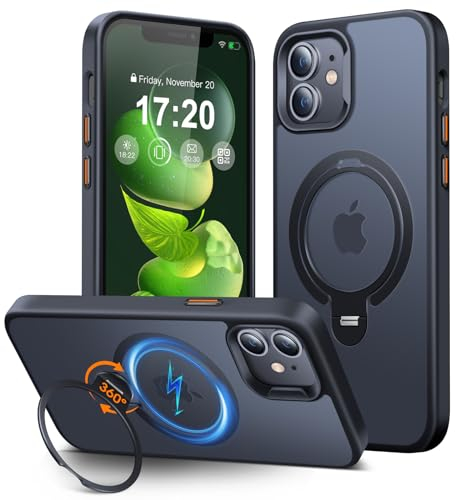 PuyaTeya Handyhülle für iPhone 12/12 Pro Hülle, für Mag-Safe [Doppelring Unsichtbarer 360° Ständer] Stoßfeste Kratzfeste Schutzhülle iPhone 12/12 Pro Durchscheinende Matt Handy Hülle (Schwarz)