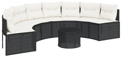 vidaXL Gartensofa mit Tisch und Kissen Halbrund Schwarz Poly-Rattan, Terrassensofa, Loungesofa, Loungemöbel, Outdoor Sofa, Lounge Set, halbrundes Sofa