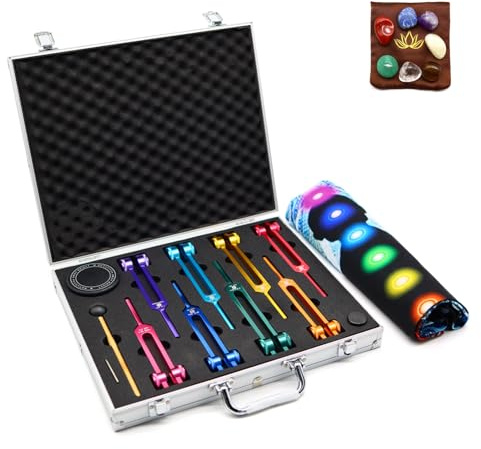 Chakra Tuning Fork Set with Crystals, Weighted Tuning Forks for Sound Therapy, DNA Repair, Meditation, Reiki, Includes Activator, 7 Chakra Tools for Yoga Spiritual Healing