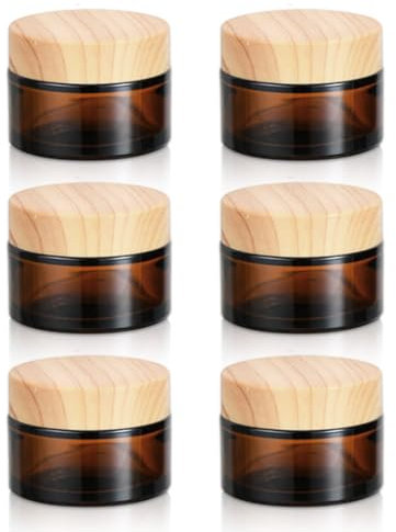 Fanchu 6 Stück Creme Behälter, Amber Glas Leer Cremetiegel, Cremedosen zum Befüllen Glasbehälter mit Deckel und Liner für Kosmetik Cremes Lotionen ätherische Öle (Style A, 30ml)