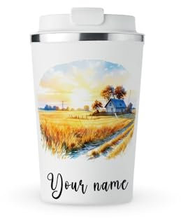 MAXIKIWI - Taza de acero inoxidable aislada personalizada de doble pared, a prueba de fugas, vaso de viaje para café o té con tapa, mantiene las bebidas calientes y frías, acuarela de puesta de sol de