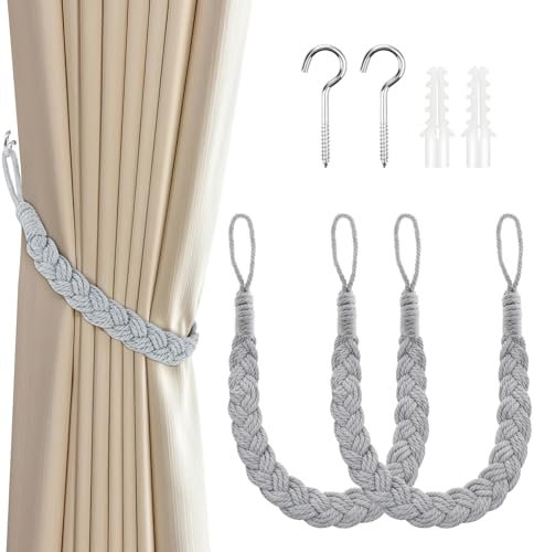 ALLisWE 2 Pezzi Abrazaderas Cortinas 2 Piezas Lazos de Cortina de Algodón Tejido con 2 Ganchos Gris Alzapaños Sujeta Cortinas para Decorativa Accesorios para Hogar, Oficina, Sala de Estar, Dormitorio
