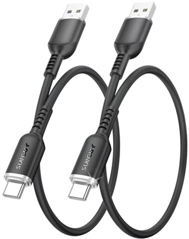 SUNGUY Câble USB vers USB C, 2 pièces 0,3M Câble USB C flexible en silicone, compatible Android Auto pour iPhone 16/15 Pro Max 16E, Galaxy S24, Redmi Note 13 4G,OPPO, Realme 5 Pro- Noir