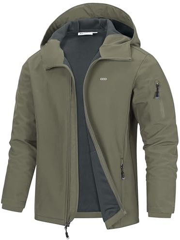 33,000ft Men's Waterproof Warm Softshell Jacket Lightweight Fleece Lining Jackets Hooded Rain Coat Windbreaker for Walking Hiking Olive Green M