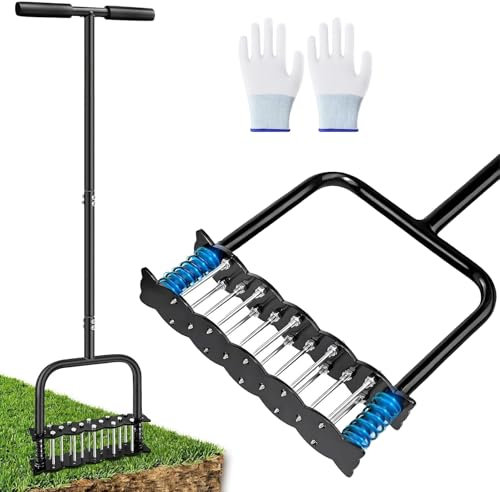 Lawn Aerator Spikes Aerating Tool Manual Aeration Tools with Padded T-Handle, 14 2.8 Inch Solid Steel Spikes, Yard Aerators for Lawn Yard & Garden,2pcs Anti-Slip Gloves