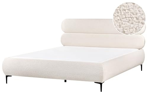 Beliani Classic Minimalist EU Super King Size Boucle Bed Frame 6ft Wingback Headboard Black Metal Legs Bedroom Off-White Lessay