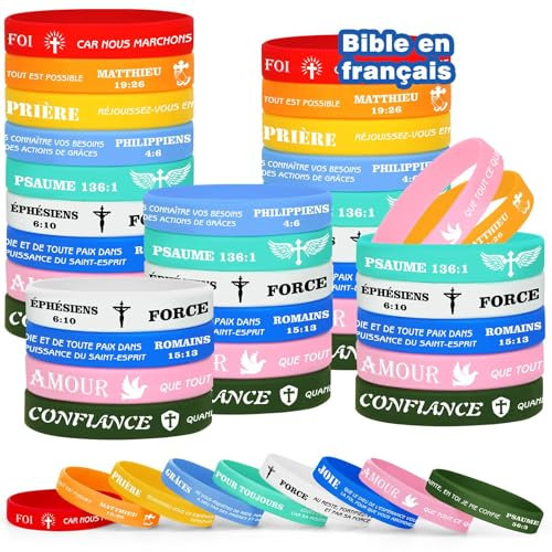 HONTIUS Bracelets en silicone bibliques, 18 pièces Élastiques en Silicone Bracelets Chrétien inspirant en caoutchouc élastique Religieux versets bibliques pour Homme Femme École Noël Pâques A