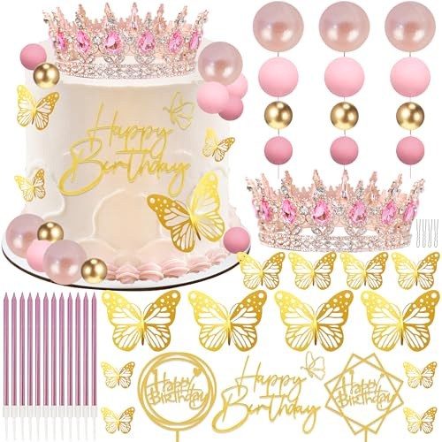 Crown Cake Topper, Rose Gold Crown Happy Birthday Balls Cake Topper, Birthday Candles Gold Butterflies, Corona Para Pastel, Cake Decorations for Birthday Wedding (Rose Gold, Pink)