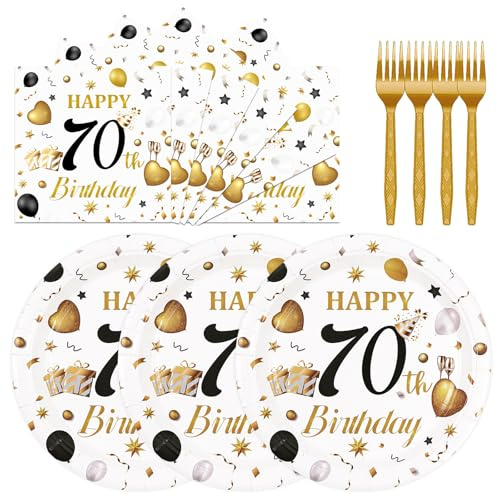 75 piatti e tovaglioli per 70° compleanno, decorazioni per feste, piatti e tovaglioli di carta bianchi e oro da 17 cm, set da tavola usa e getta per 70 anni, decorazione per feste di compleanno per