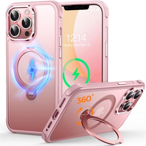 CUTELFON O3 Mag-Ständer Entwickelt für iPhone 12 Pro Max Hülle mit 360°Ständer,[Kompatibel mit MagSafe][Super Hautgefühl] Durchscheinende Matte Magnetische Schlanke Handyhülle 6,7,Matt Rosa