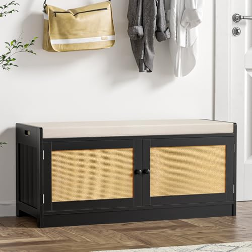 Skokliz Shoe Bench with Cushion, Storage Bench with Padded Seat, 4 Compartments, Hidden Shoe Cabinet, Adjustable Shelves, Living Room Lounge Hallway Bedroom