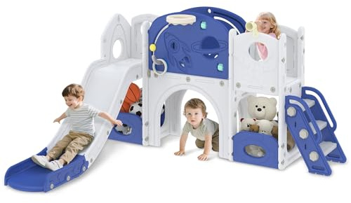 Froadp 8-in-1 Kinderrutsche für Kleinkinder ab 1 Jahr, Indoor und Outdoor, Freistehende Rutsche aus HDPE & PP, mit Kletterleiter, Tunnel, Stauraum, Basketballkorb und Spielteleskop, bis 50kg