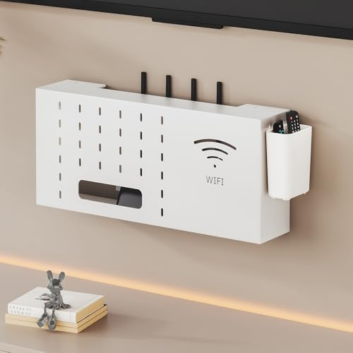 OAKVYNE Home Router Aufbewahrungsbox Versteckte WLAN-Router-Box, An Der Wand Montiertes Metall-Router-Aufbewahrungsbox-Regal, Schwimmende Modem-Abdeckung Für Zuhause Und Büro(White,40cm/15.74)